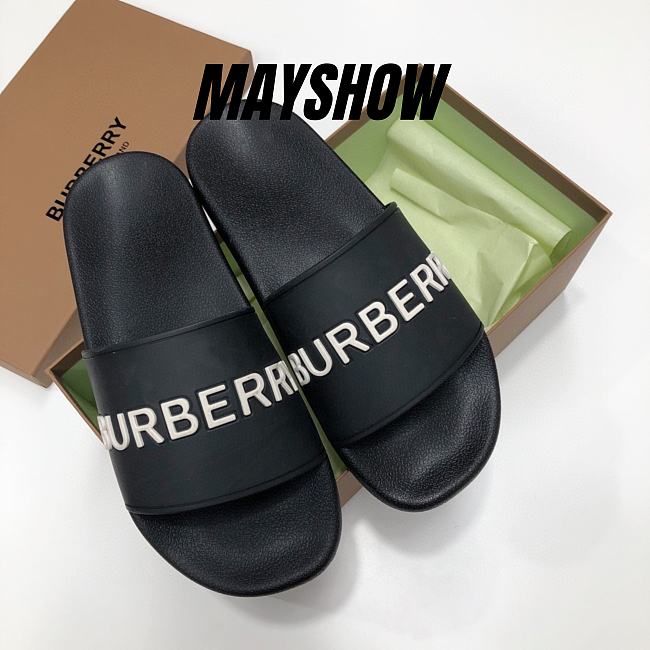 	 Burberry Embossed Logo Slides Black White - 1