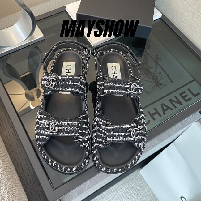 Chanel Black White Tweed Dad Sandals - 1