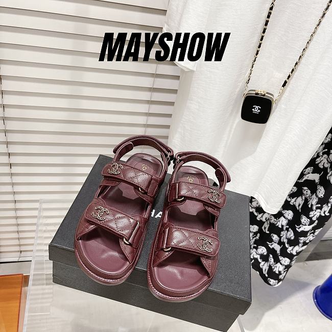 Chanel Burgundy Quilted Leather Dad Sandals - 1