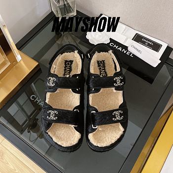 Chanel Black Shearling Dad Sandals