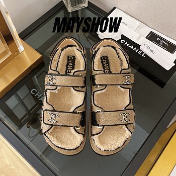 Chanel Beige Shearling Dad Sandals