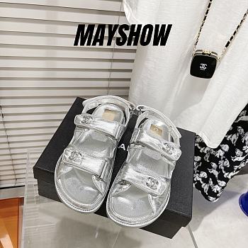 Chanel Silver Leather Dad Sandals