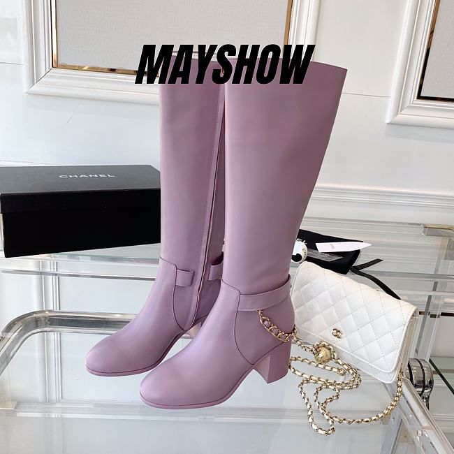 Chanel Pink Calfskin with Chain High Boots - 1