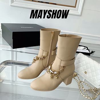 Chanel Beige Calfskin with Chain Ankle Boots