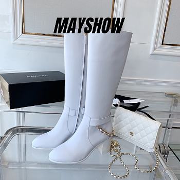 Chanel White Calfskin with Chain High Boots