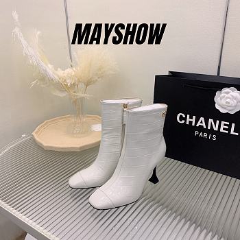 Chanel White Crocodile Block Ankle Boots