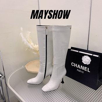 Chanel White Crocodile Block High Boots