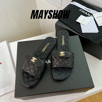 Chanel Black Turnlock Gold Cc Logo Flats Quilted Sandals