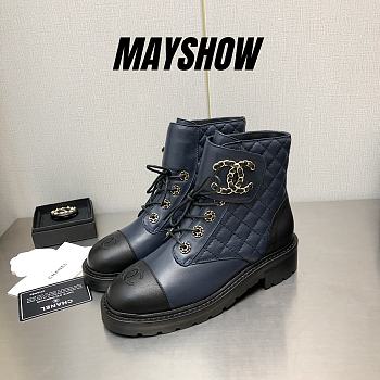 Chanel Navy Lambskin Quilted Lace Up Combat Boots