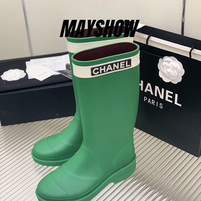 Chanel Green Rain Rubber High Boots - 1