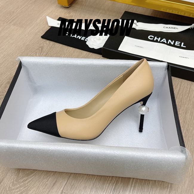 Chanel Beige Leather Pearl Heel Pumps - 1