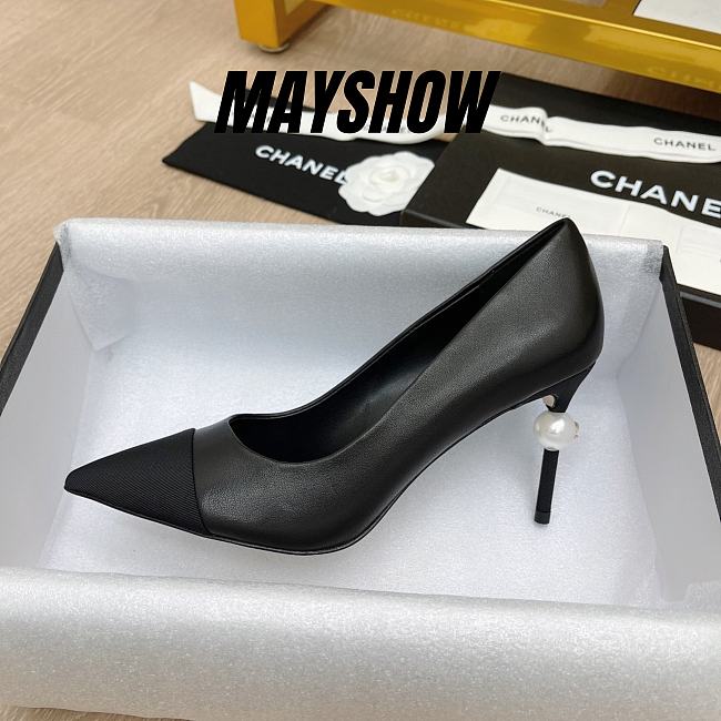 Chanel Black Leather Pearl Heel Pumps - 1