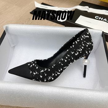 	 Chanel Black Tweed Pearl Heel Pumps