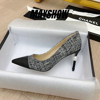 Chanel Grey Canvas Pearl Heel Pumps