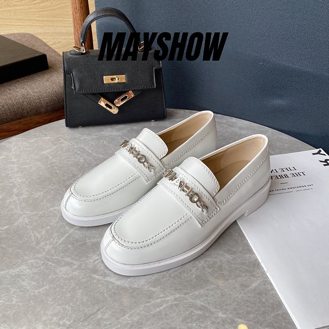 	 Chanel Logo Chain White Leather Loafers - 1