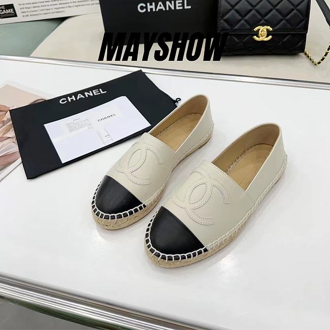 Chanel Light Beige Leather Black Toe Espadrilles - 1