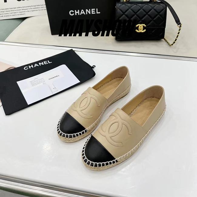 Chanel Beige Leather Black Toe Espadrilles - 1