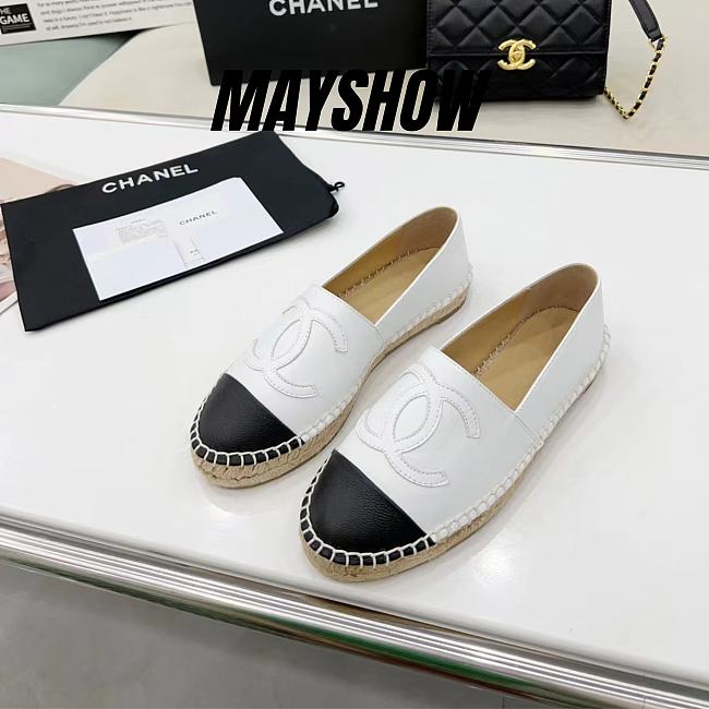 	 Chanel White Leather Black Toe Espadrilles - 1