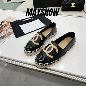 	 Chanel Black Leather Black Patent Toe Espadrilles