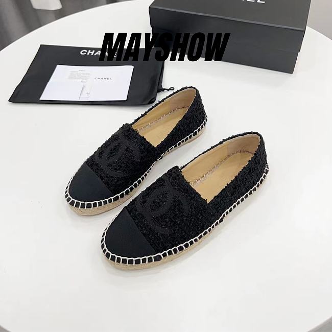 	 Chanel Black Tweed Black Toe Espadrilles - 1