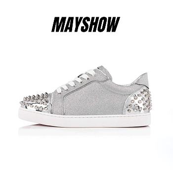 Christian Louboutin Vieira 2 Silver Glittered Leather and Spikes Sneakers - 3220460SV71