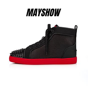 Christian Louboutin Lou Spikes Black Leather Funky Mesh and Spikes High-top Sneakers - 1230168H358