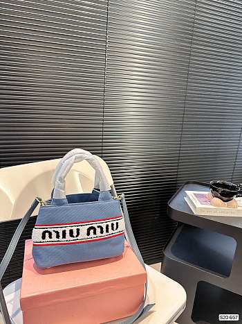 Miumiu Striped Logo Tote P150 Blue 22x14cm