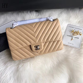 Chanel Classic Flap Beige Silver Quilted Leather 25cm