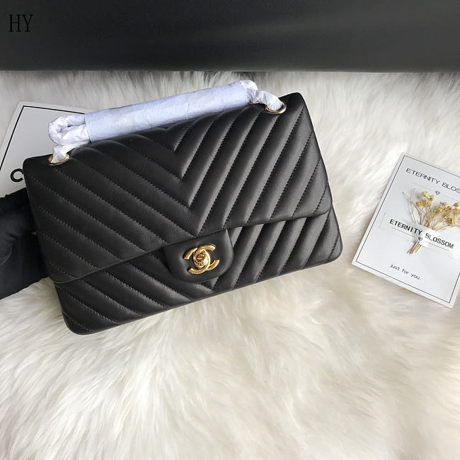 Chanel Classic Flap Black Gold Quilted Leather 25cm - 1