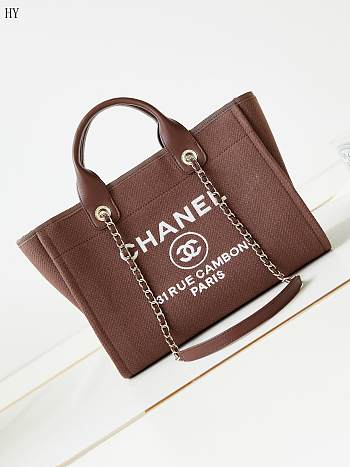 Chanel Canvas Large Shopping Bag Tote Brown 33cm