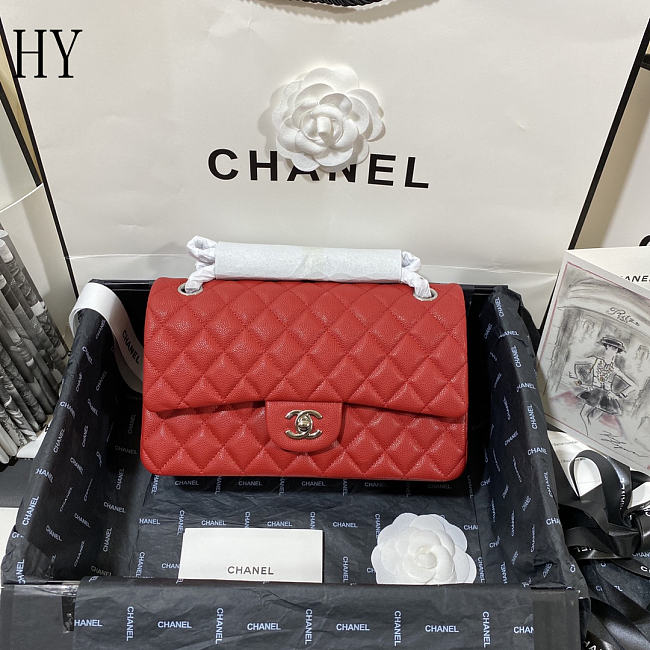 Chanel Classic Flap Bag Quilted Caviar Red Silver 15.5x25.5x6.5cm - 1