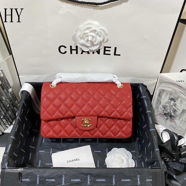 Chanel Classic Flap Bag Quilted Caviar Red Gold 15.5x25.5x6.5cm - 1