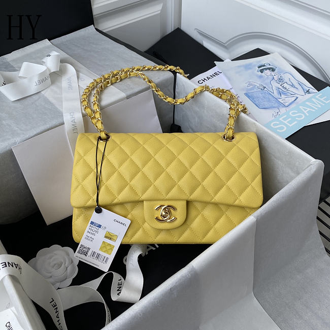 Chanel Classic Flap Bag Quilted Caviar Yellow Gold 15.5x25.5x6.5cm - 1