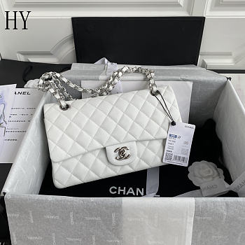 Chanel Classic Flap Bag Quilted Caviar White Silver 15.5x25.5x6.5cm