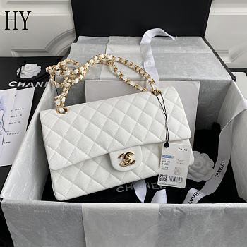 Chanel Classic Flap Bag Quilted Caviar White Gold 15.5x25.5x6.5cm