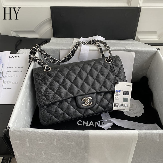 Chanel Classic Flap Bag Quilted Caviar Black Silver 15.5x25.5x6.5cm - 1