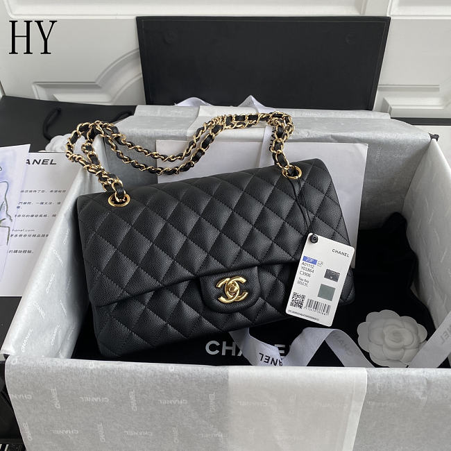 Chanel Classic Flap Bag Quilted Caviar Black Gold 15.5x25.5x6.5cm - 1