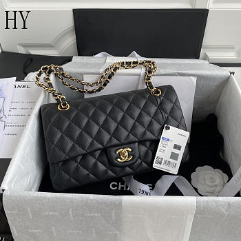 Chanel Classic Flap Bag Quilted Caviar Black Gold 15.5x25.5x6.5cm