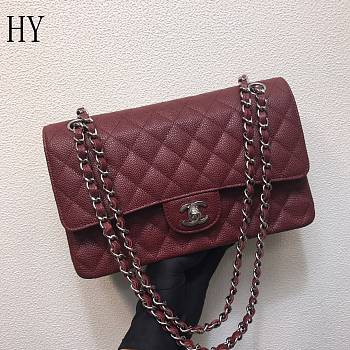 Chanel Classic Flap Bag Quilted Caviar Burgundy Silver 25*14*7cm