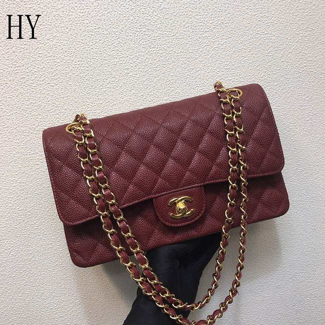 Chanel Classic Flap Bag Quilted Caviar Burgundy Gold 25*14*7cm - 1