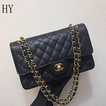 Chanel Black Gold Caviar Classic Medium Double Flap Bag 25*14*7cm