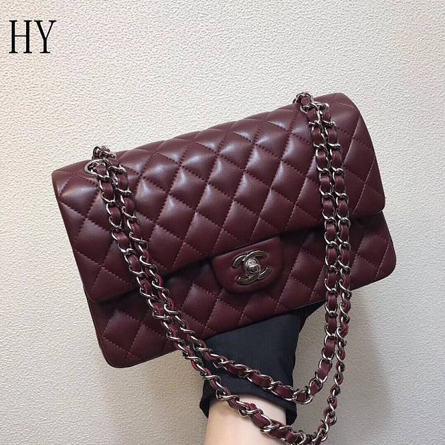 Chanel Classic Flap Bag Quilted Lambskin Burgundy Silver 25*14*7cm - 1