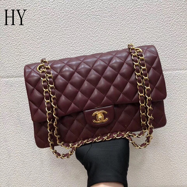 Chanel Classic Flap Bag Quilted Lambskin Burgundy Gold 25*14*7cm - 1