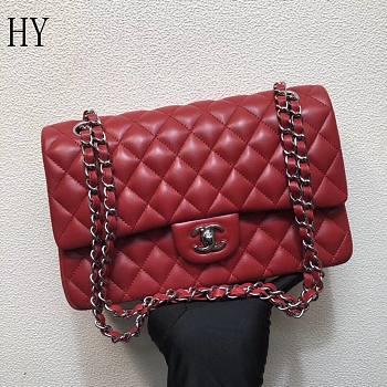 Chanel Classic Flap Bag Quilted Lambskin Red Silver 25*14*7cm