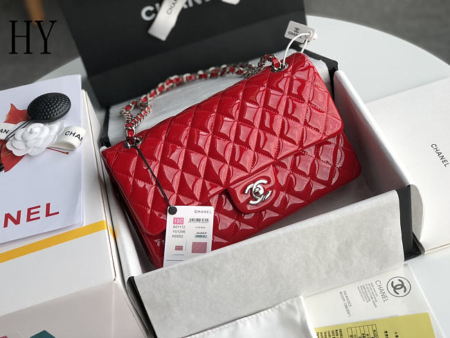 Chanel Classic Flap Bag Red Silver Quilted Patent Leather 25cm - 1