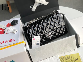 Chanel Classic Flap Bag Black Silver Quilted Patent Leather 25cm