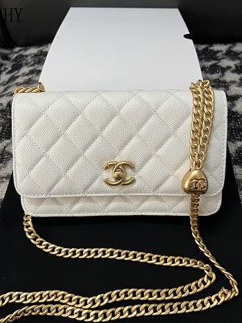 Chanel Caviar Quilted Textured CC Wallet on Chain WOC White