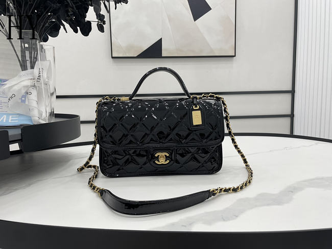 Chanel Quilted School Memory Top Handle Falp Bag Patent Black 25×21.5×7cm - 1