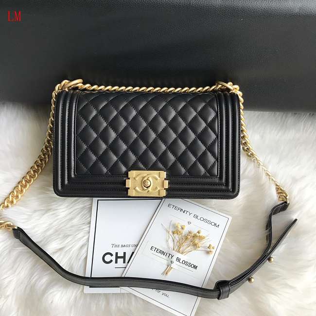 Chanel Boy Old Medium Lambskin Black Gold 25cm - 1