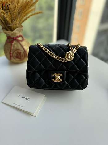 	 Chanel Camellia Black Calfskin Flap Bag 17cm